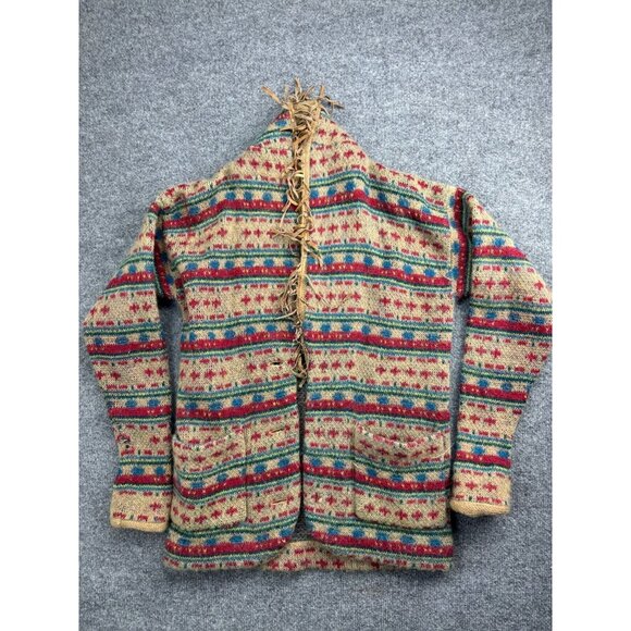 Vintage Recent Works Cardigan Women's S Tan Multi Stripe Fringe Pockets Sweater - Picture 1 of 8